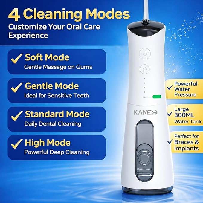 KAMEX Cordless Water Dental Flosser for Teeth Cleaning: Portable Oral Irrigator with 300ML Tank, 4 Cleaning Modes, Rechargeable IPX7 Waterproof Travel Water Flosser for Sensitive Gums, Braces