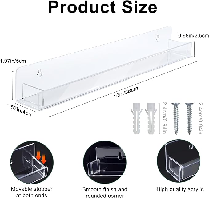 6 Pack Wall Mounted Acrylic Nail Polish Organizer Rack 15 Inch Clear Nail Polish Shelf with Removable Ends Multi-Purpose Shelf for Essential Oils Cosmetics Storage Display for Salon Bathroom