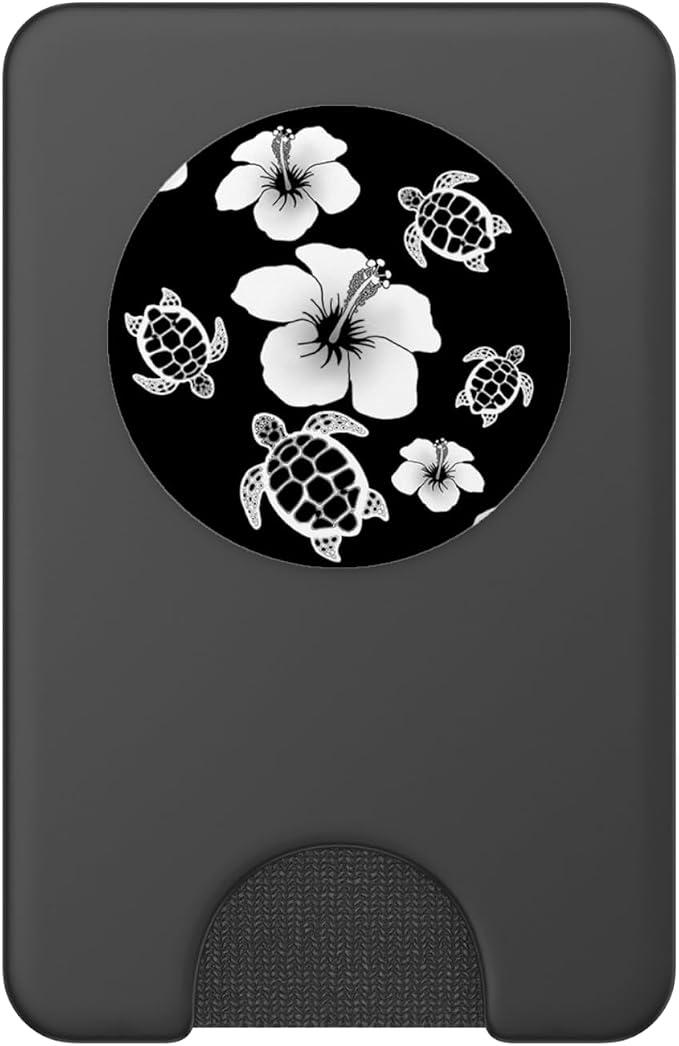 Black and White Hawaiian Island Floral Turtles PopSockets Adhesive PopGrip