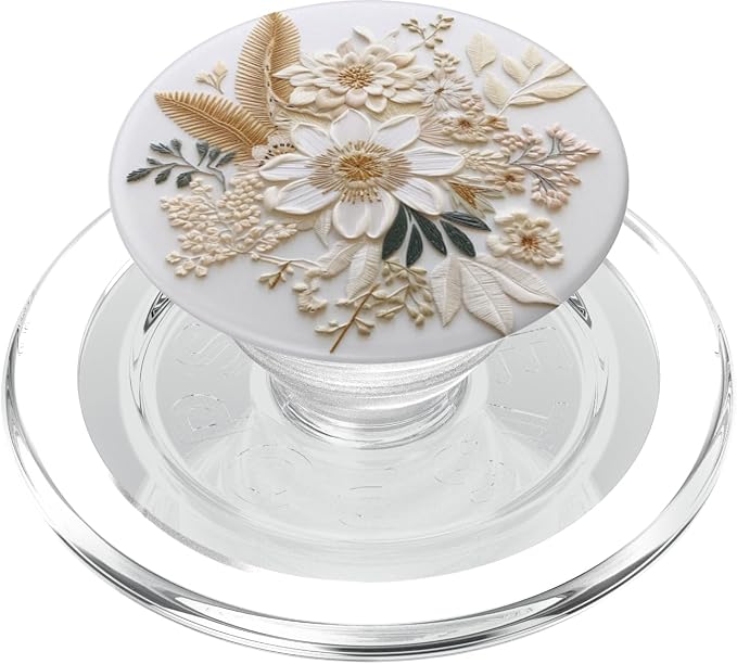 Beige Floral Flower Pattern On White Background PopSockets PopGrip for MagSafe