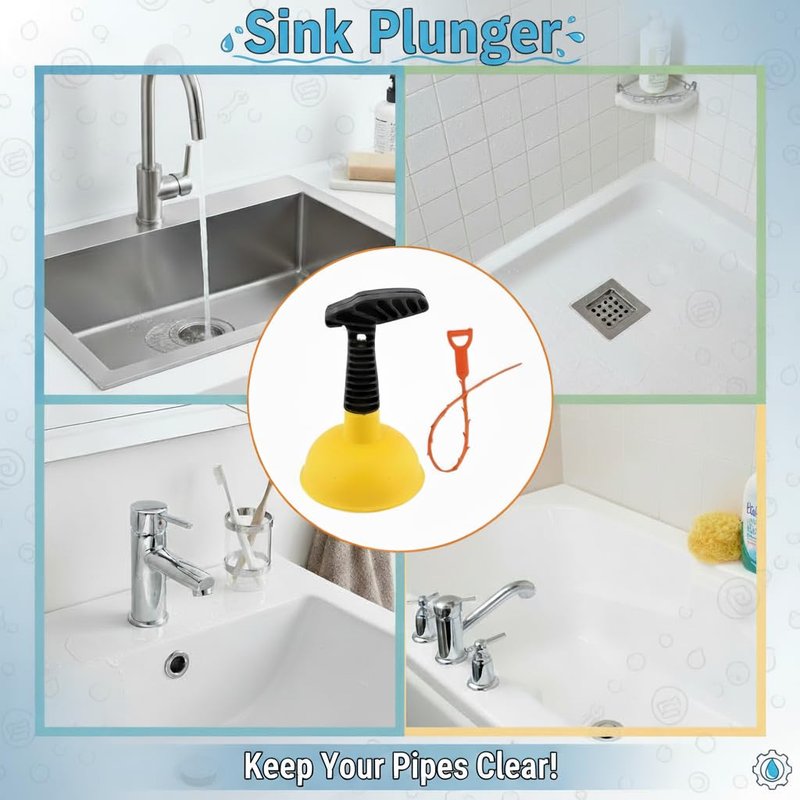 Sink Plunger, Mini Plunger with Short Handle & Drain Clog Remover, Easy to Use Powerful Unclogging Tool for Kitchen Sink, Shower Tub, Bathroom Drains, Bath