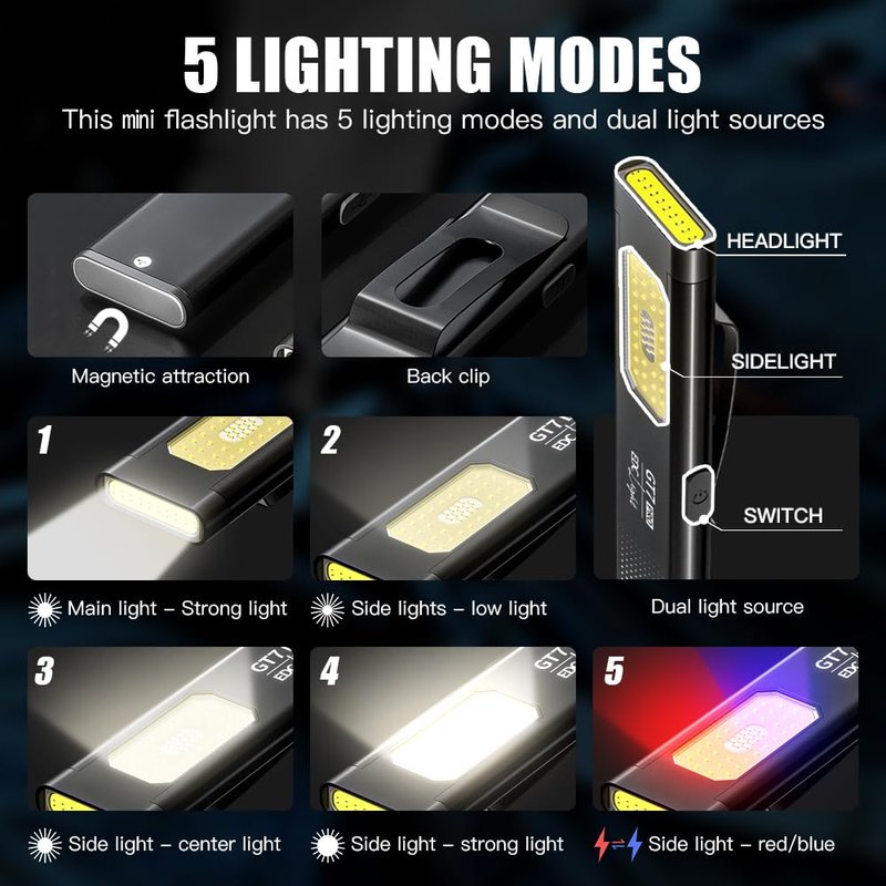 Compact Multi-Mode Pocket LED Flashlight, Clip-on with a Magnetic Base EDC Flashlight, Dual Light Sources with 5 Lighting Modes, Suitable for Outdoor Camping, Hiking, and Nighttime Work.(Black)