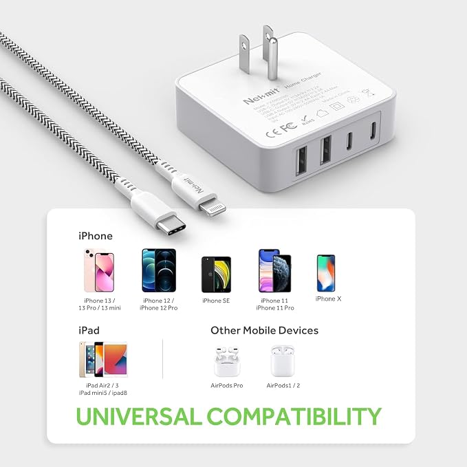 Nekmit USB C Charger Fast Thin Flat 52W 4-Port Wall Charger with Two 20W Power Delivery and 2 USB Port for iPhone 14/14 Pro/14 Pro Max Galaxy Pixel iPad Pro AirPods Pro and More Upgraded
