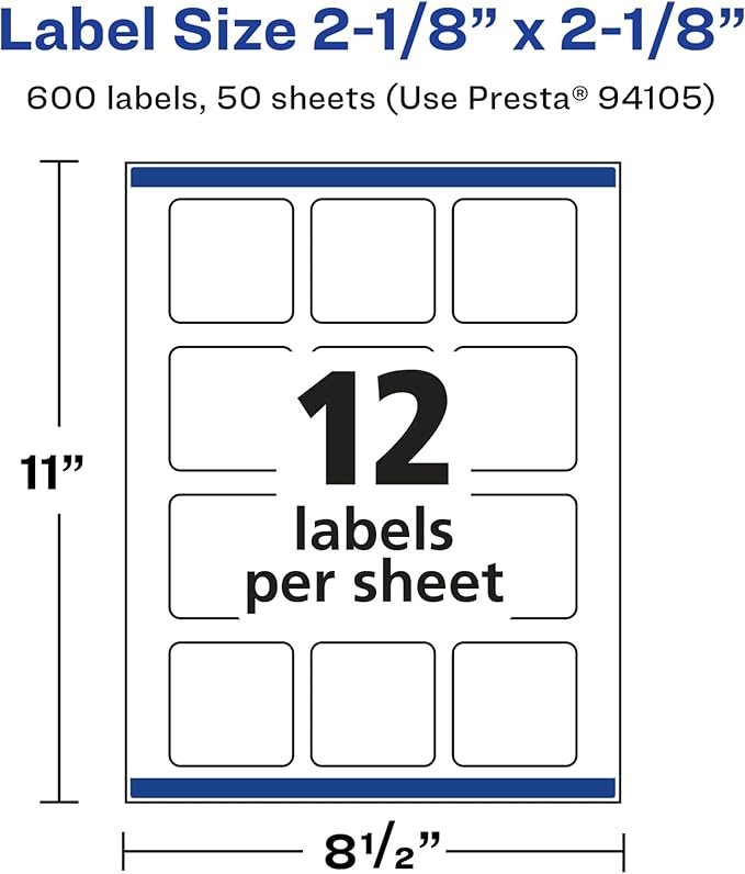 Avery Glossy White Square Labels, Sure Feed Technology, 2-1/8" x 2-1/8", 600 Glossy White Labels, Print-to-The-Edge, Permanent Adhesive, Laser/Inkjet Printable