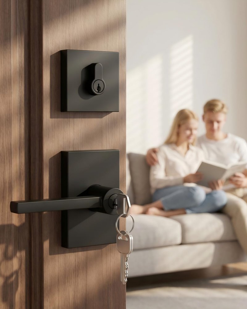 Goldenwarm Matte Black Entry Door Handle and Deadbolt Set, Heavy Duty Zinc Alloy Black Exterior Door Handle - Front Door Lock Set for Exterior Doors, Left-Right Universal Door Lock, 1 Pack
