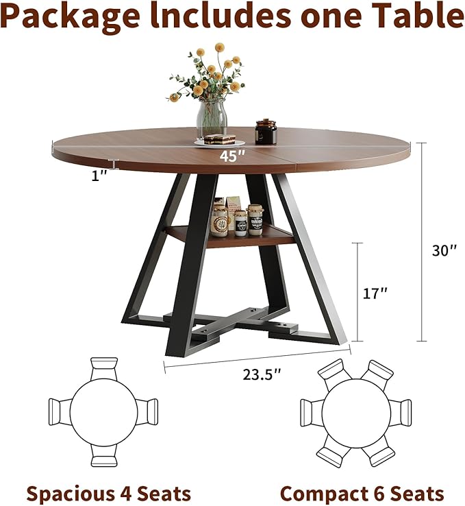 45.3" Walnut Round Dining Table Set with 4 Chairs – Mid-Century Modern Small-Space Kitchen & Dining Room Furniture for Apartment or Breakfast Nook (Boxwood – Storage Table + 4 Black Chairs)