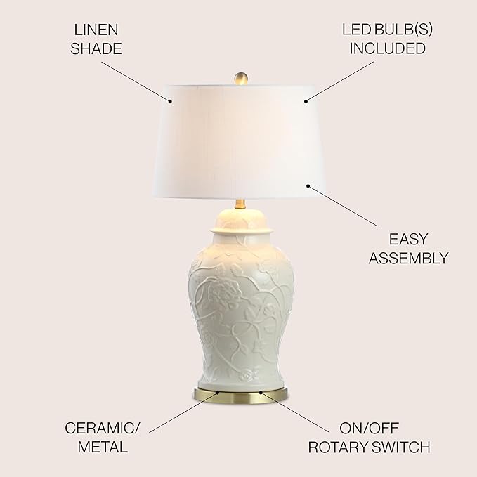 JONATHAN Y 29.5" Cream Ceramic Chinoiserie Table Lamp, Traditional Ginger Jar Lamp for Living Room Bedroom, White Linen Empire Shade, Brass Gold Base, LED Bulb Included JYL6604A