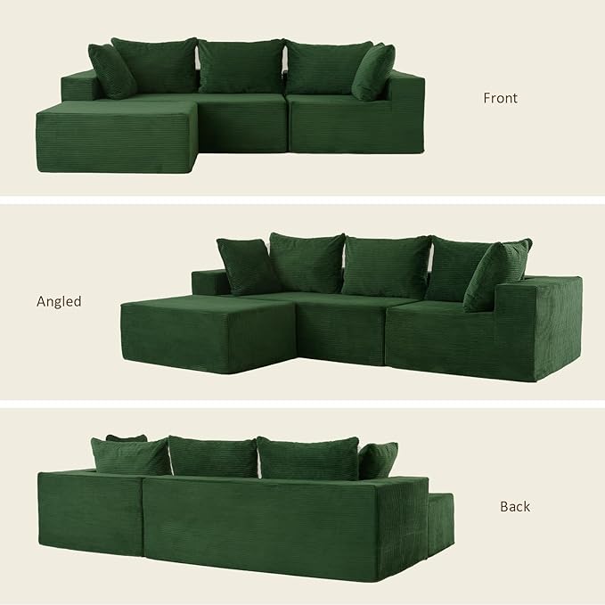 INGEROOM 108" Cloud Sectional Couch with L-Shape Chaise, Modular Sofa Memory Foam, Boneless Sofa with Movable Ottoman, Plush Corduroy Memory Foam Couch for Living Room, No Assembly, Forest Green