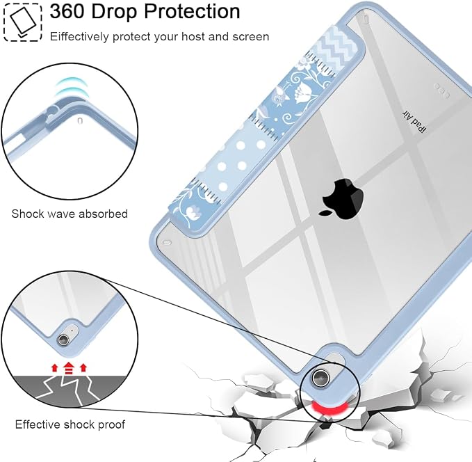 Tuiklol Case for iPad Air 11 Inch M4 2026 / Air 11 Inch M3 2025 / Air 11 Inch M2 2024 / iPad Air 10.9 Inch 2022 2020 Buit in Pencil Holder with Shockproof Cover Clear Transparent Back Black Flower