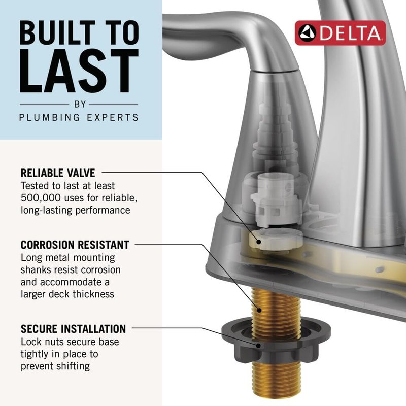 Delta Faucet Foundations Centerset Bathroom Faucet, Chrome 2-Handle Bathroom Faucet, Delta Bathroom Sink Faucet, Metal Push-Pop Drain Assembly, Chrome B2510LF