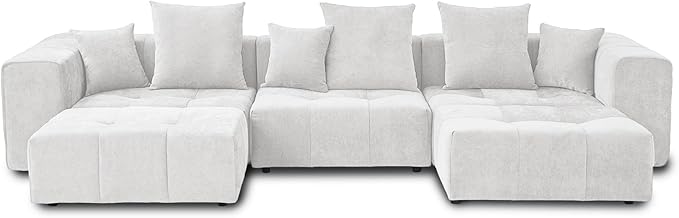 JACH 144.1 Inch U-Shaped Modular Sofa, Mid Century Modern Deep Seat Sectional Couch, 3-Seater Sofas with Chaise Ottomans for Living Room, Cozy Sofas for Apartment, Living Room (Linen Fabric, White)