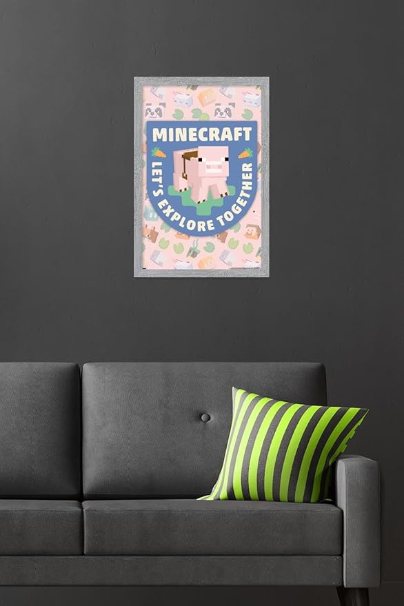 Trends International Minecraft - Let's Explore Together Wall Poster, 22.4L x 14.7W, Gray Framed Version