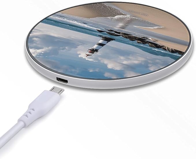 Sea Lighthouse Sandbeach Wireless Charger with USB CableAluminum Alloy Frame 10W Max Compatible Fast Wireless Charging Pad- 3.2ft Cable Included for Travel Home Office Desk