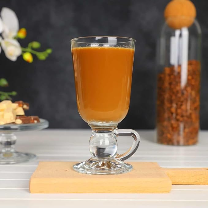 Irish Coffee Mugs | Set of 2 | Glass Hot Chocolate Mugs with Handle, Footed Hot Toddy and Cappucino Cup, Hot Beverages Gift, 8 oz