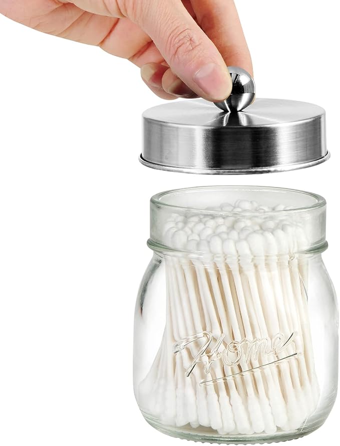 SheeChung 3 Pack Qtip Holder, Contracted Design Bathroom Decor, Apothecary Jars, Mason Jars Bathroom Accessories Set for Cotton Balls, Floss Picks, Cotton Round Pads - Brushed Steel