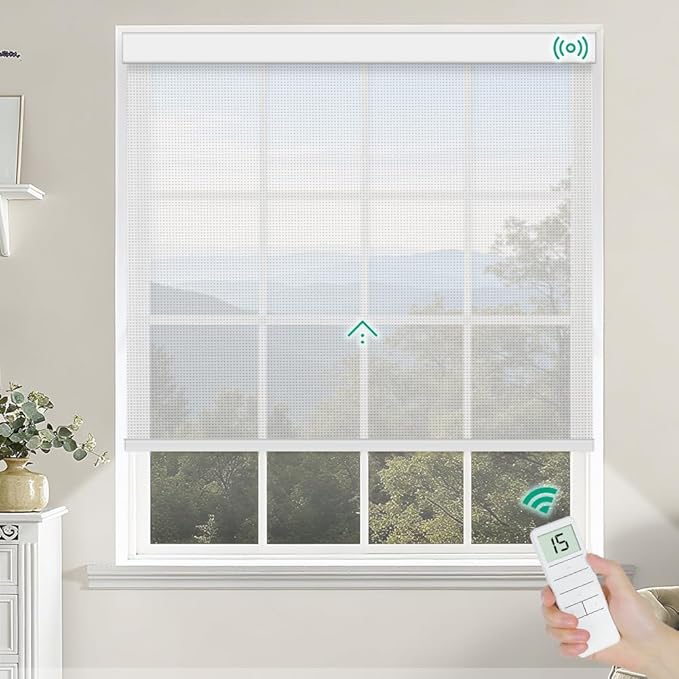 Kilonity Motorized Roller Shades, Light Filtering Remote Control Custom Window Shades Compatible with Alexa Google Assistant via RF Hub, Rechargeable Electric Blinds for Windows (Fireproof White)