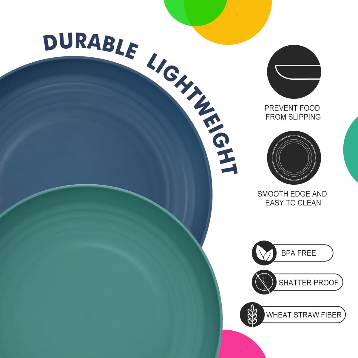 Homienly Deep Dinner Plates Set of 8 Alternative for Plastic Plates Microwave and Dishwasher Safe Wheat Straw Plates for Kitchen Unbreakable Kids Plate Set with 4 Colors (Classic Bright, 9 inch)