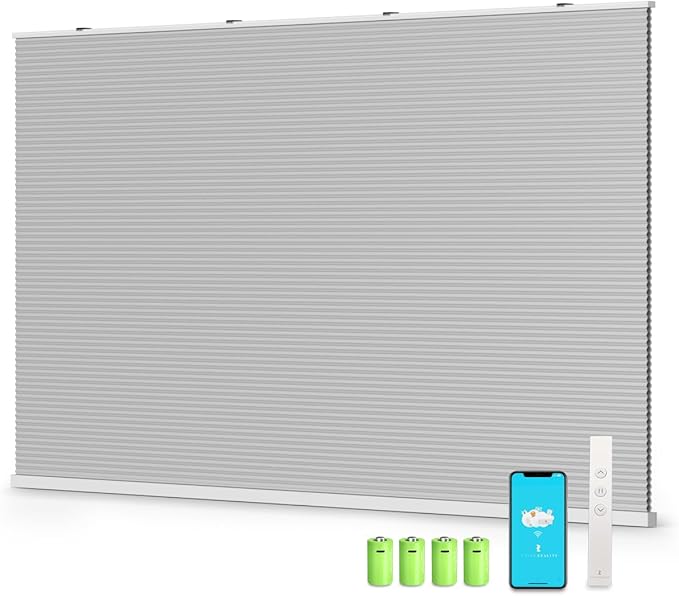 THIRDREALITY ZigBee Smart Blind Gen2, Motorized 100% Blackout Window Shades with Remote, Cordless Honeycomb Blinds, Automatic Height, C2 Rechargeable Batteries Powered, 76" W x 74" H Beige/White