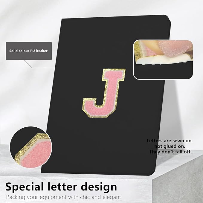 for iPad 9th Generation 10.2 Inch 2021/2020/2019 Case Initial Chenille Letter Suture Personalized for iPad 9th/8th/7th Generation Case with Auto Sleep/Wake Pencil Holder (Black A)