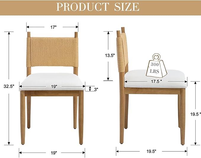 CIMOTA Modern Dining Chairs Set of 2, Mid Century Upholstered Dining Room Chairs with Woven Back, Armless Kitchen Chairs with Natural Solid Wood Legs, Linen Beige