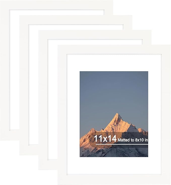 11x14 Picture Frame Set of 4, High Definition Real Glass, Display Pictures 8x10 with Mat or 11x14 Without Mat, Gallery Wall Hanging Photo Frames, White