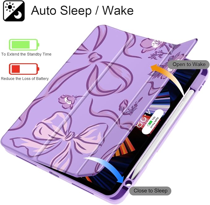 Mektron Case for iPad Pro 11 inch Case M2 2022 Generation 4th Fit 2021 2020 2018 iPad Pro 11 (3rd 2nd &amp 1st Gen) -Buit in Pencil Holder with Shockproof Cover Clear Shell Blue Bows &amp Flower