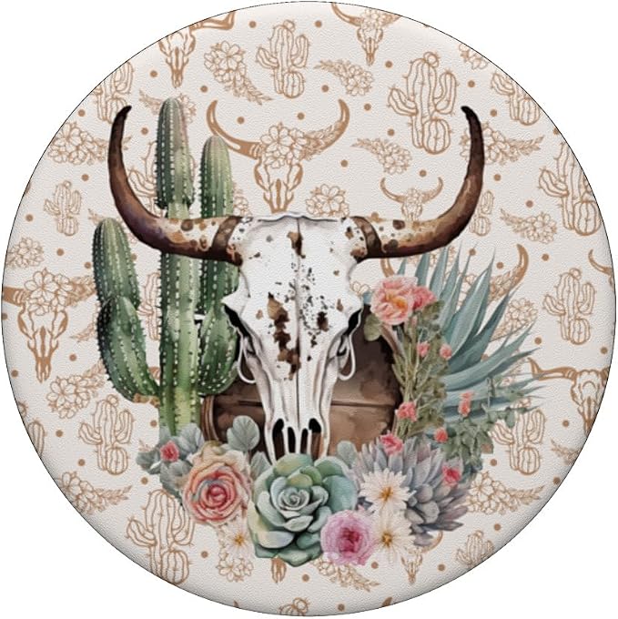 Western Boho Chic Longhorn Bull Skull Cactus Beige Pattern PopSockets Adhesive PopGrip