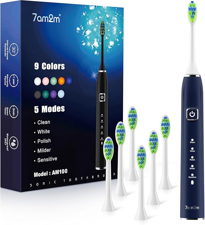 7AM2M Ultrasonic Electric Toothbrush with 6 Brush Heads for Adults&Kids, Type C Rechargeable, One Charge for 120 Days, 5 Modes&40000VPM Powered Toothbrush, 2 Minutes Built in Smart Timer (Navy Blue)