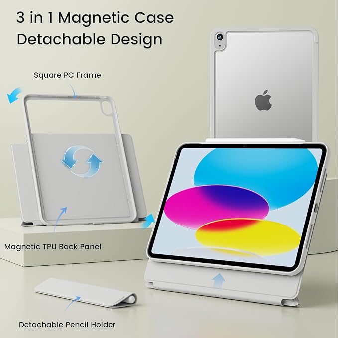 Case for iPad A16 11th/10th Generation 11/10.9 inch Black | Magnetic Attachment Slim Soft TPU Protective Case Multi Angles Hidden Pencil Holder Shockproof Frame Auto Wake/Sleep