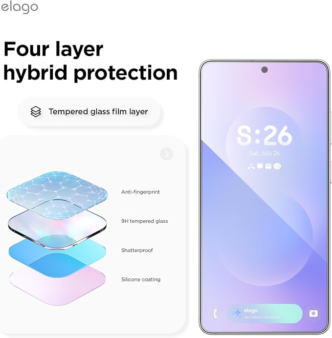 elago Tempered Glass+ Screen Protector for Samsung Galaxy S26 | Case Friendly 9H Surface Hardness Anti-Fingerprint Shatter-Proof Scratch Protection Bubble-Free