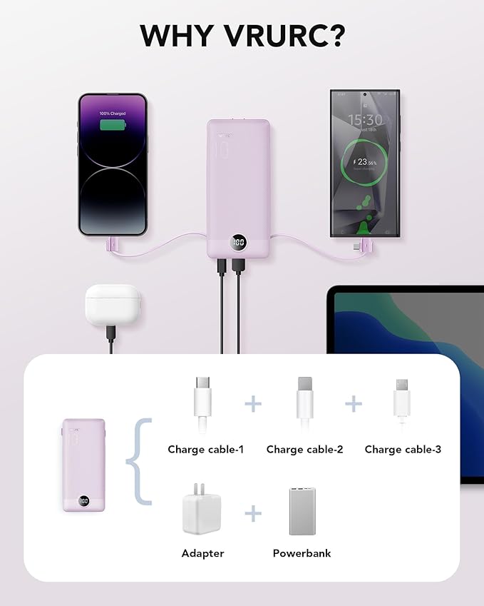 VRURC Portable Charger Power Bank Built-in Cables and AC Wall Plug | USB C Portable Bank 10000mAhTravel Essentials Phone Charger Compact External Battery Pack for Smart PhonesTablets-Black