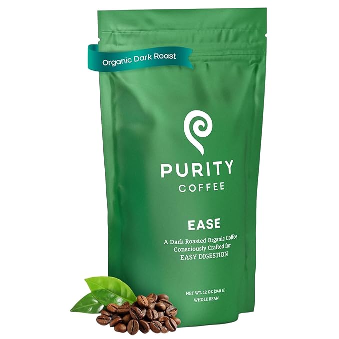 Purity Coffee EASE Low Acid Dark Roast Whole Bean (12oz Bag) | Specialty-Grade USDA Organic Arabica Blend | Third Party Tested for Mold, Mycotoxins & Pesticides