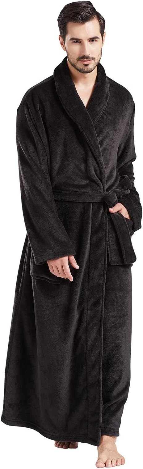 FashGudim Mens Robes Big and Tall Full Length Plush Fleece Long Robe for Men Bathrobe Shawl Collar Warm Winter House Robes