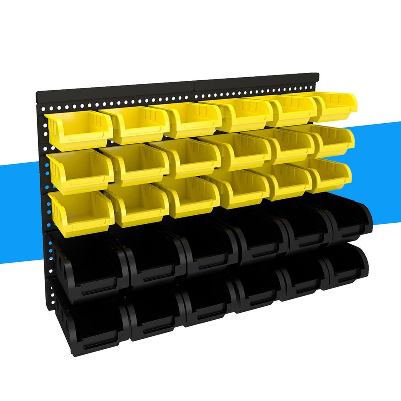 ZEUKMXOO 30Pcs Plastic Wall Mounted Storage Bins Parts Rack Nuts And Bolt Bins Organizer For Shop Garage for Screws, Nuts, Bolts, Nails, Beads, and Small Hardware Parts(YELLOW+BLACK, 30)