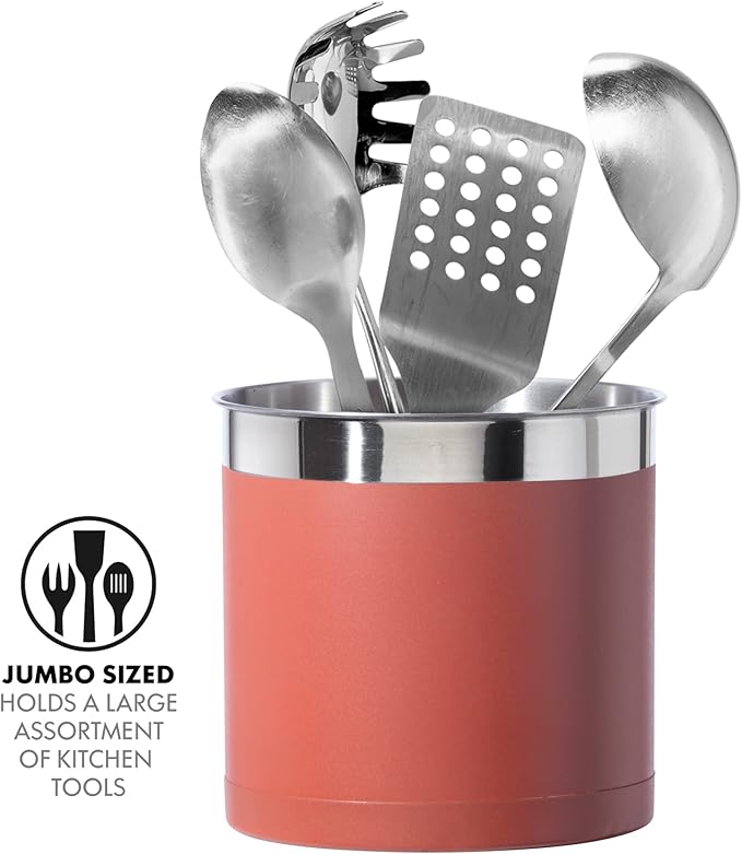 OGGI Stainless Steel Jumbo Utensil Holder - 7" Utensil Caddy, Weighted Base for Stability - Extra Large Utensil Crock and Countertop Utensil Organizer, Brick Red