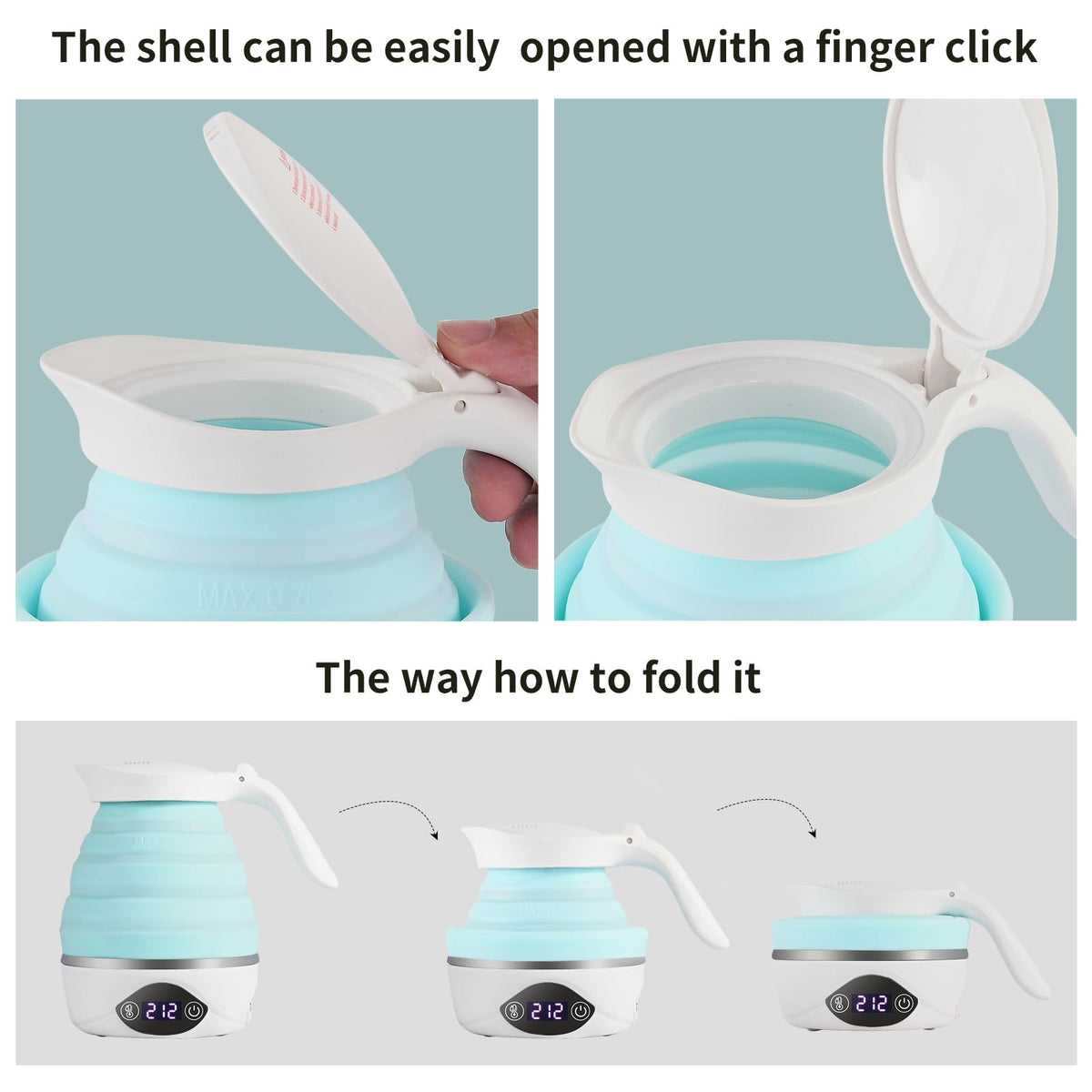 AUCOO Collapsible Travel Kettle, 700ML Small Electric Kettles for Boiling Water, 850W Portable Fast Heat with Digital Temperature, 110-220V Dual Voltage, BPA-Free Silicone Foldable Travel Tea Kettle