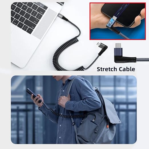 chenyang USB C to C Coiled Cable USB 3.2 Type C 90 Degree UP Angled 20Gbps PD 100W 8K@60Hz Data Fast Charging Cable 6ft