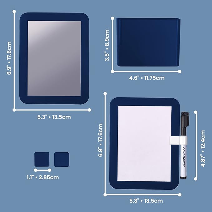 LockerMate 6-Piece Locker Organizer Kit, Includes Mirror, Whiteboard, Storage Cup & Dry Erase Marker, Navy