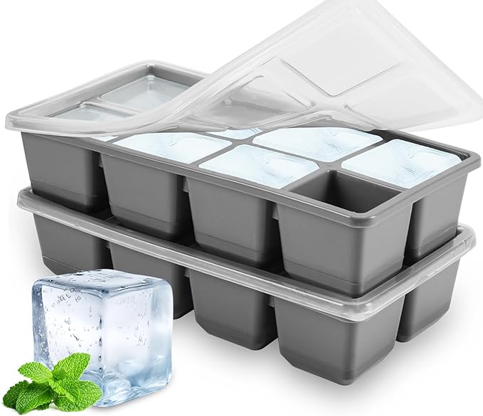 Large Ice Cube Trays with Lid, Jrisbo 2 Pack Stackable Silicone Ice Cube Molds for Freezer, Easy Release 16 Big Square Ice Trays for Whisky Cocktails (Pure Gray)