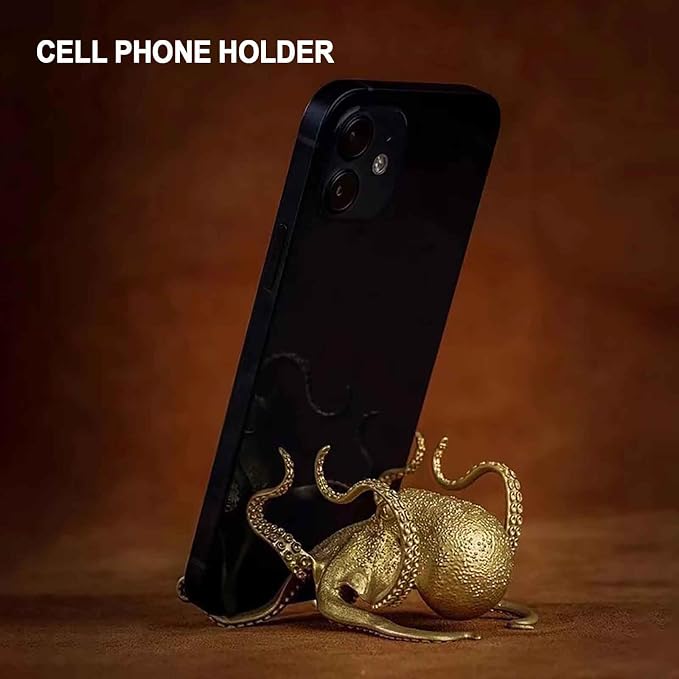 Octopus Mobile Phone Holder Multifunctional Octopus Holder Phone Stand Pen Holder Octopus Statue Animal Sculpture Collectibles Desk Decor Ornaments (Gold)