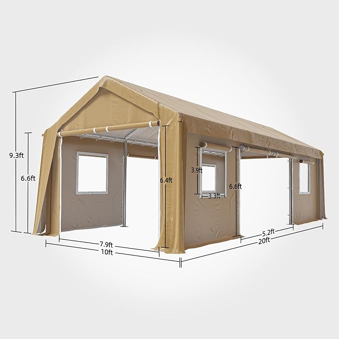 10x20ft Heavy Duty Carport Outdoor Canopy Portable Garage with 4 Doors & 4 Windows Waterproof UV Resistant Storage Shelter with Removable Sidewalls for Car Truck Boat, Earthy Yellow