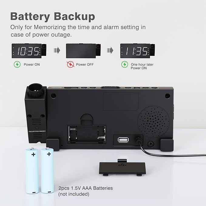 Mesqool Projection Alarm Clock with FM Radio,Large Number Display & Dimmer,USB Charger,Sleep Timer,Battery Backup,Dual Alarms,Clock Radio for Bedroom Heavy Sleepers