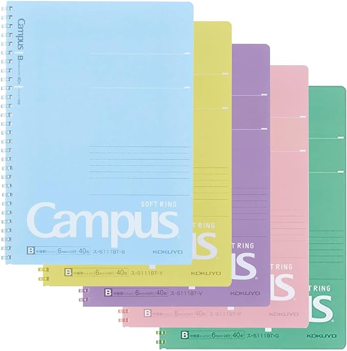 KOKUYO Spiral Lined Notebook, 5 Pack 10'' x 7'' Pastel Journal B5 Campus Soft Ring Notebooks with Dot 7 mm Ruled, 40 Sheets, 1 Subject Notebook, Note Taking for School. Japan Import (SU-S111AT)