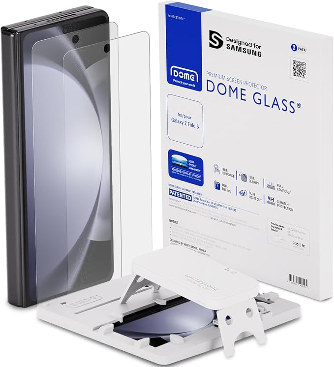 DOME GLASS Whitestone Screen Protector for Samsung Galaxy Z Fold 5 2023 Full Tempered Glass Shield with Liquid Dispersion Tech with UV Lamp [Easy to Install Kit] Smart Phone Screen Guard - Two Pack
