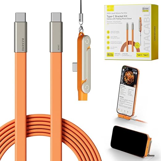 SIDEWAY Phone Charger 240W Silicone Cable with Detachable Stand - Universal Type-C 90° Angle 480Mbps Data Transfer Speed(balck)