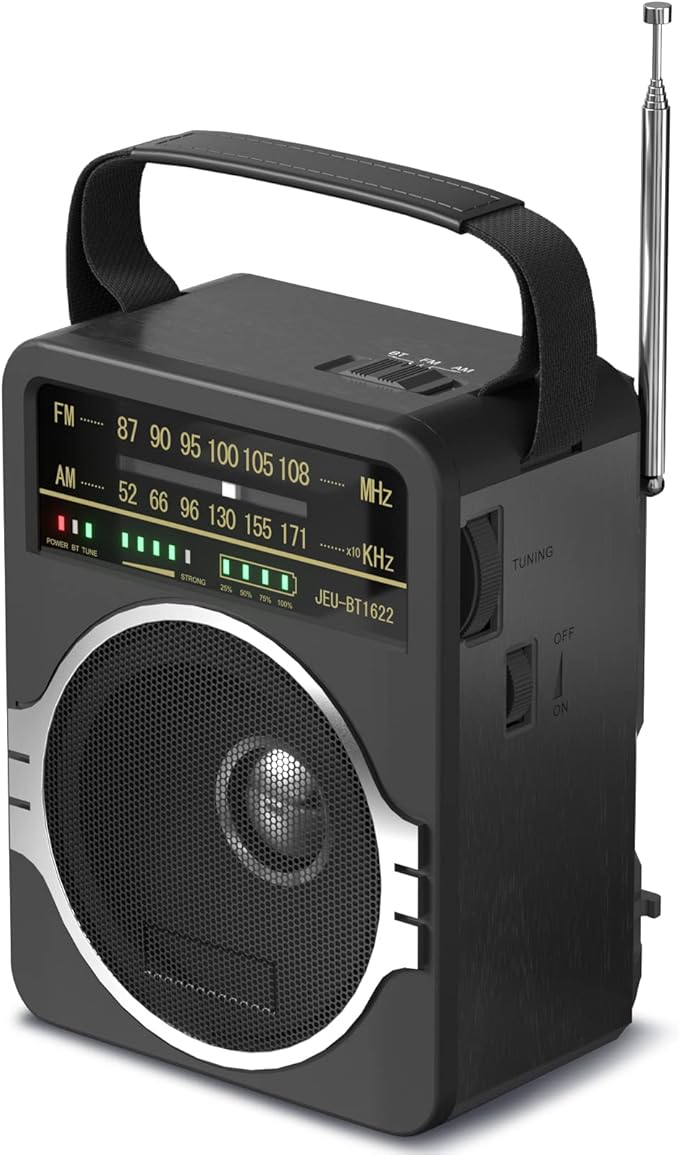 JEUJUG Portable AM FM Radio, Bluetooth 5.0 Radios 5 Watts Loud Speaker,FM Radio Built-in Rechargeable Battery/DC D*4 Cell Battery Operated & AC Power Plug in Wall Black