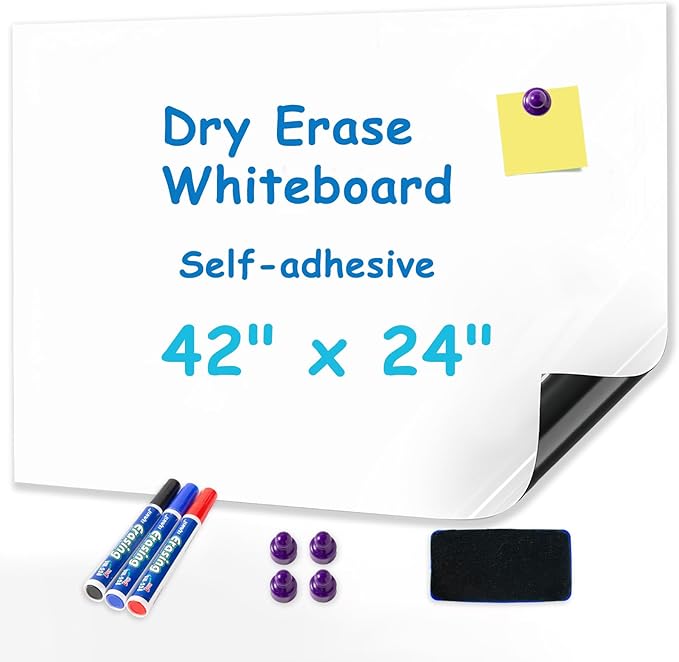 YOUNGJQ Magnetic Dry Erase Board Paper for Wall Self Adhesive Whiteboard White Board Sticker 42" x 24" for Office Home Playroom with Starter Kit