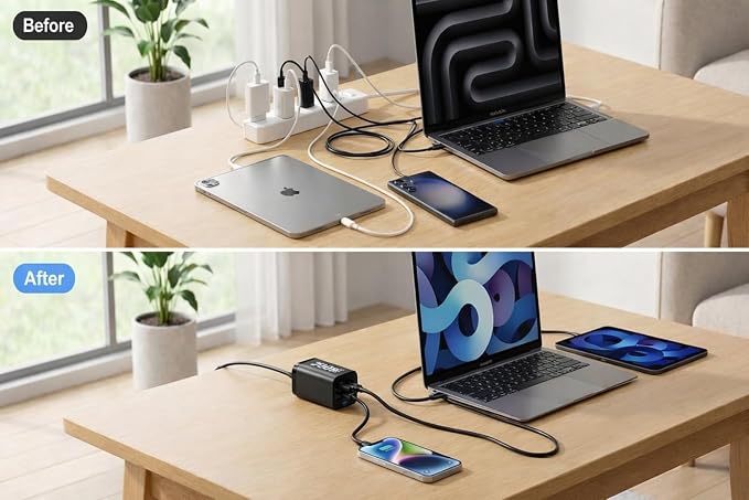 USB-C GaN Charger Block Fast Charging Station Multi-Device Power Hub with USB-C &amp USB-A Ports for MacBook iPhone Samsung Laptop Smart Power Distribution Compact Design USB-C Cables Include