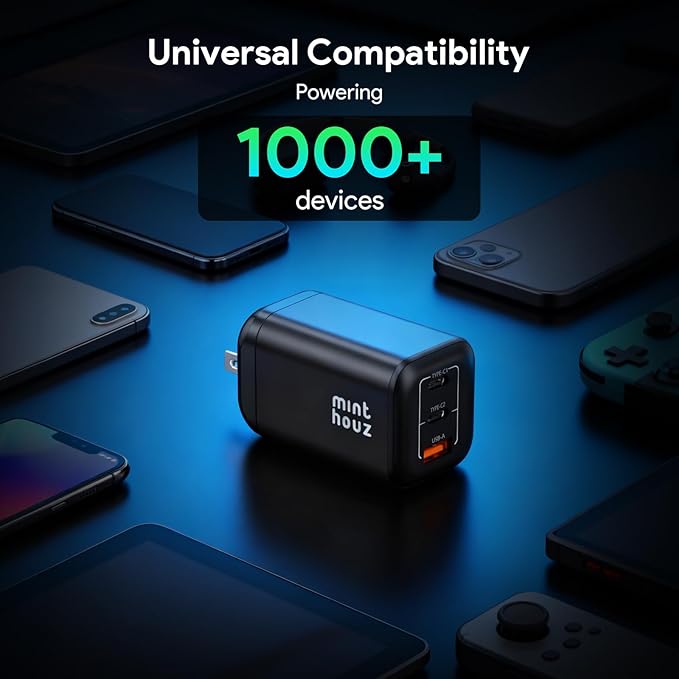 Minthouz 100W GaN Charger, 3-Port PD3.0 Fast Charging Station with Type-C & USB-A, Foldable Charger Block with 3.94FT Cable for MacBook Pro/Air, iPhone 17 16 15, Galaxy S24/S23, Pixel 8 and More