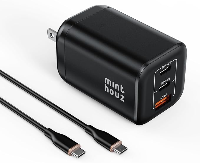 Minthouz 100W GaN Charger, 3-Port PD3.0 Fast Charging Station with Type-C & USB-A, Foldable Charger Block with 3.94FT Cable for MacBook Pro/Air, iPhone 17 16 15, Galaxy S24/S23, Pixel 8 and More